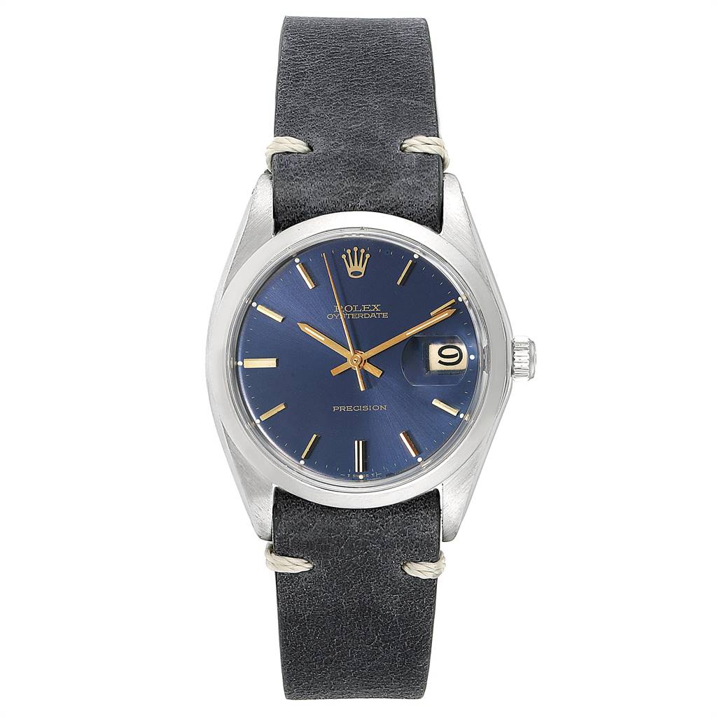 The Rolex Vintage Collection 6694 Men's Stainless Steel Blue Dial 6694 Men's Stainless Steel Blue Dial model is shown from a front angle, featuring a blue dial, silver case, black strap, and date window.