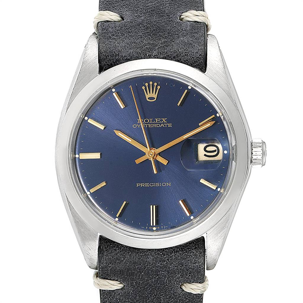 The image shows a front view of the Rolex Vintage Collection 6694 Men's Stainless Steel Blue Dial 6694 Men's Stainless Steel Blue Dial Oysterdate watch with a blue dial and black leather strap.