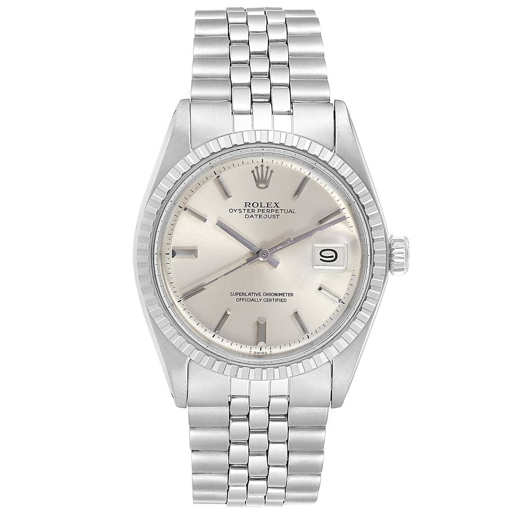 The image shows a Rolex Vintage Collection 1603 Men's Stainless Steel Silver Dial 1603 Men's Stainless Steel Silver Dial Oyster Perpetual Datejust watch from a front angle, displaying its dial, hands, date window, and bracelet.