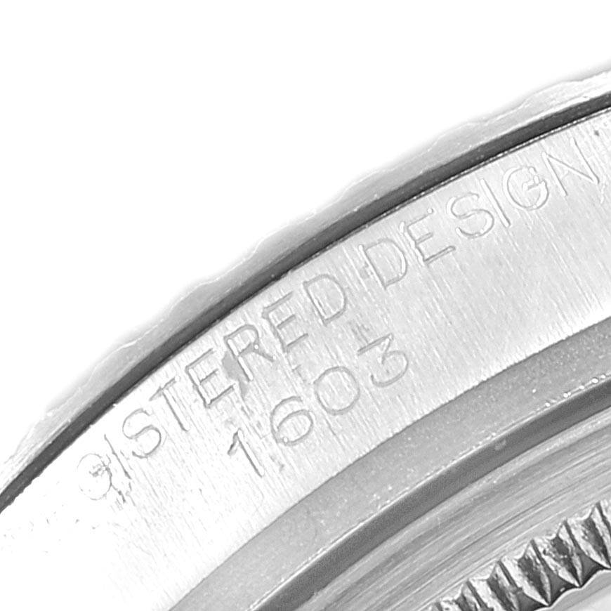 The image shows a close-up of the case side with "REGISTERED DESIGN 1603" engraved on the Rolex Vintage Collection 1603 Men's Stainless Steel Silver Dial 1603 Men's Stainless Steel Silver Dial model watch.