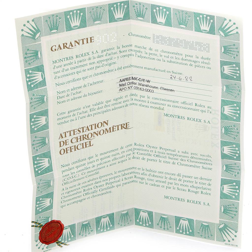 This image shows the warranty and chronometer certification documents for the Rolex Vintage Collection 16030 Men's Stainless Steel Grey Dial 16030 Men's Stainless Steel Grey Dial watch.