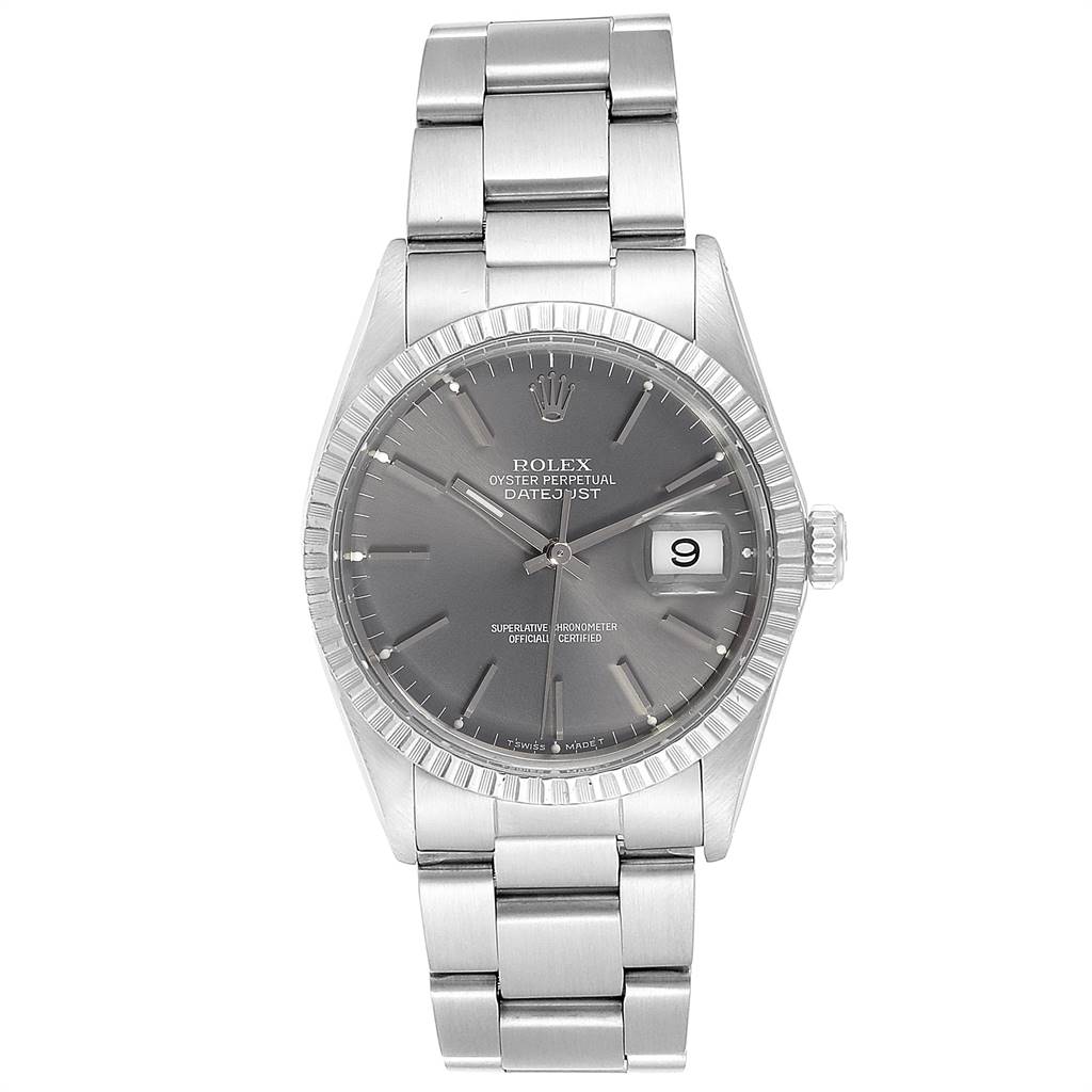 The Rolex Vintage Collection 16030 Men's Stainless Steel Grey Dial 16030 Men's Stainless Steel Grey Dial model is shown from the front, displaying the face, hour markers, date window, and stainless steel bracelet.