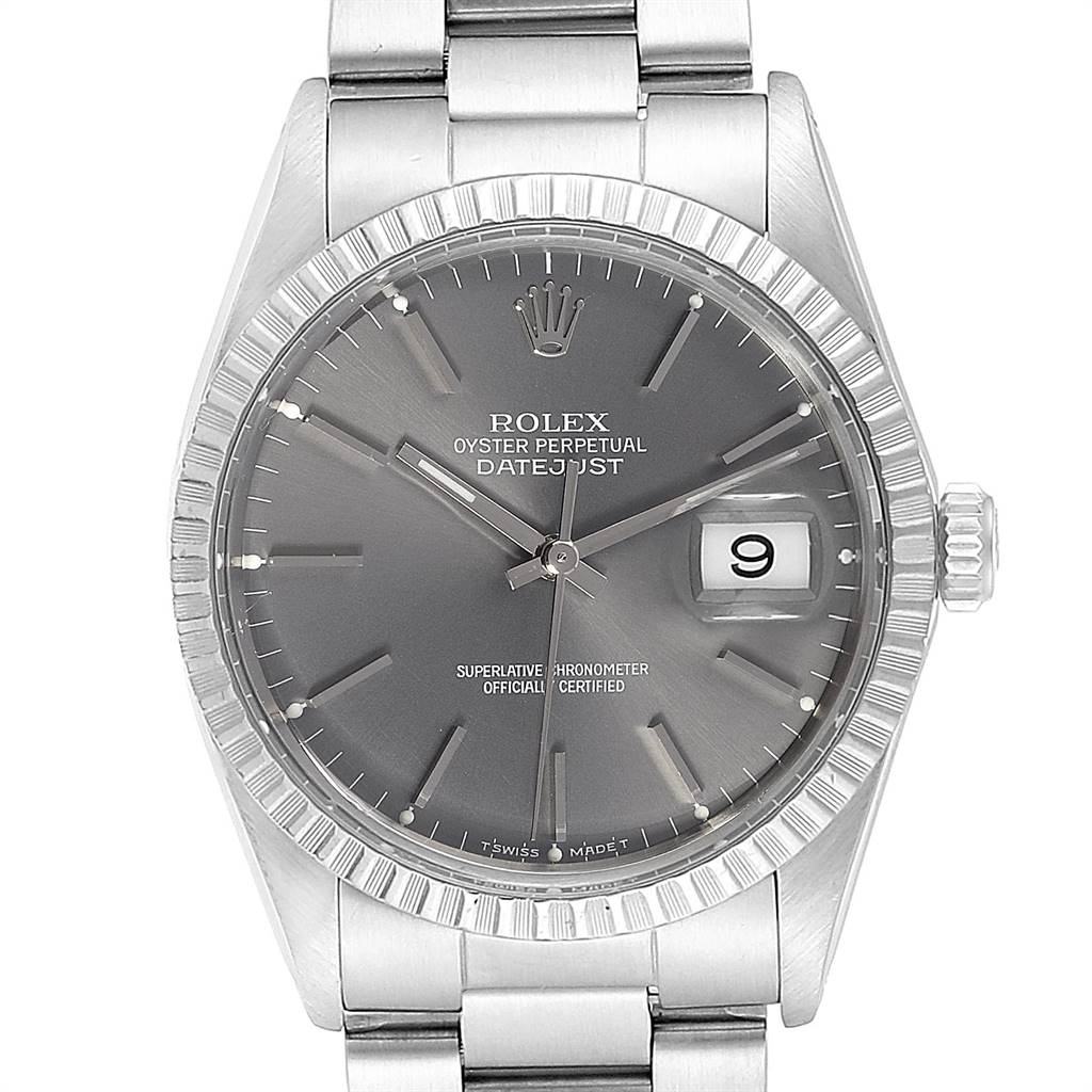 The image shows a frontal view of the Rolex Vintage Collection 16030 Men's Stainless Steel Grey Dial 16030 Men's Stainless Steel Grey Dial Datejust watch, displaying the face, bezel, and bracelet.