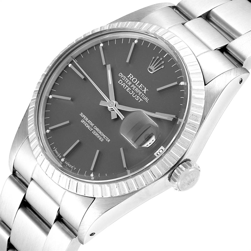 The image shows a Rolex Vintage Collection 16030 Men's Stainless Steel Grey Dial 16030 Men's Stainless Steel Grey Dial Datejust watch at an angle displaying its face, crown, and part of the bracelet.