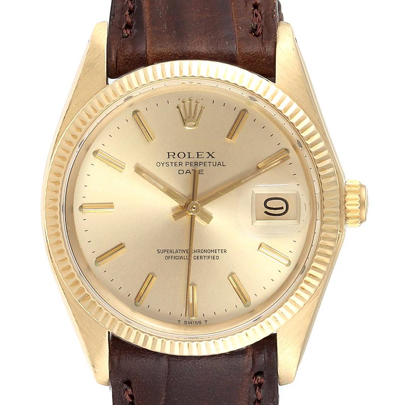 This Rolex Vintage Collection model is shown in a front view, displaying the dial, bezel, crown, and leather strap.