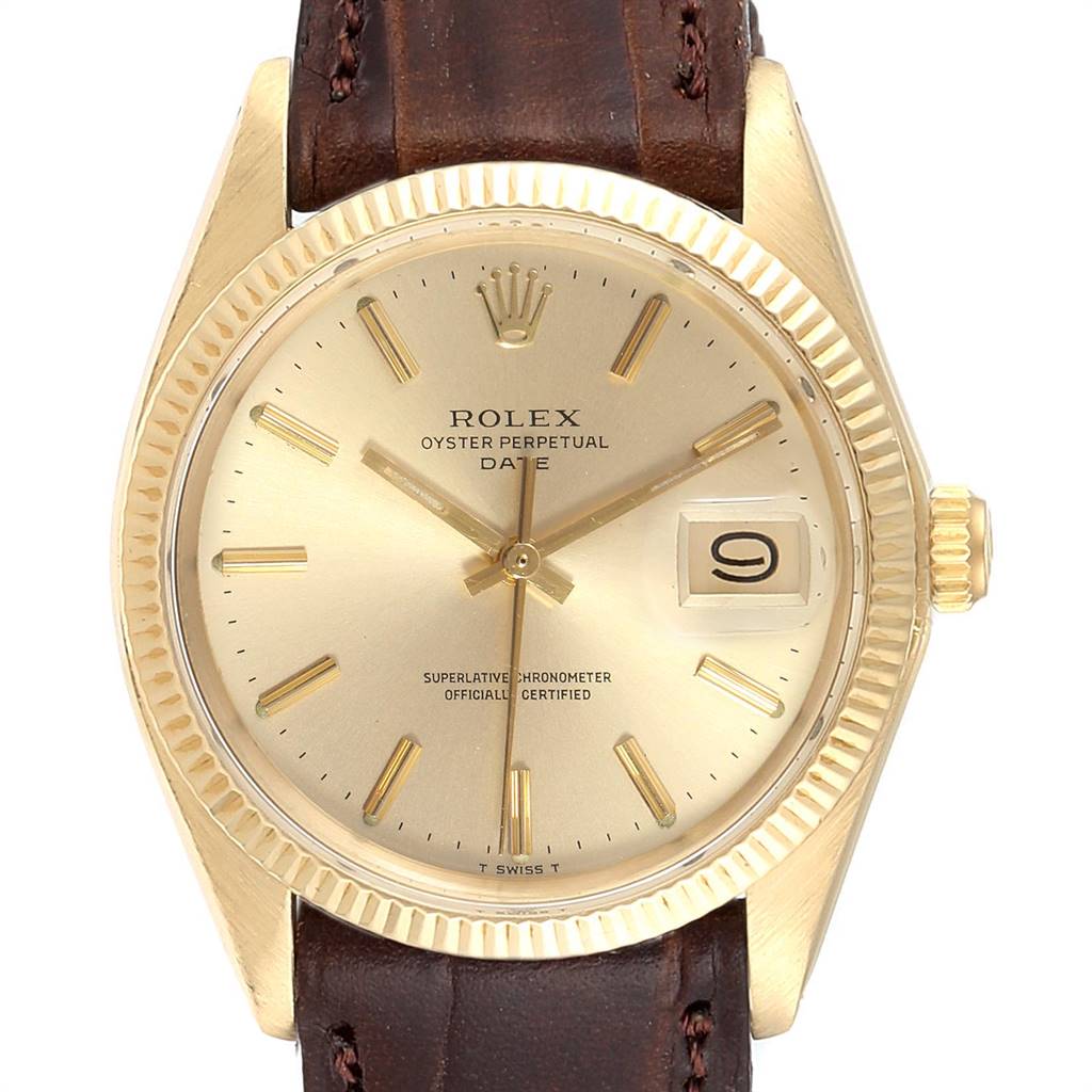 This Rolex Vintage Collection 1503 Men's Yellow Gold Champagne Dial 1503 Men's Yellow Gold Champagne Dial model is shown in a front view, displaying the dial, bezel, crown, and leather strap.