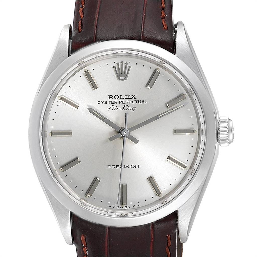 The image shows a front view of the Rolex Vintage Collection 5500 Men's Stainless Steel Silver Dial 5500 Men's Stainless Steel Silver Dial model, showcasing the watch face, crown, and leather strap.