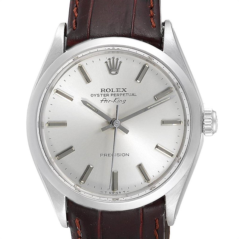 Rolex Air King Silver Dial Brown Strap Vintage Steel Mens Watch 5500 SwissWatchExpo