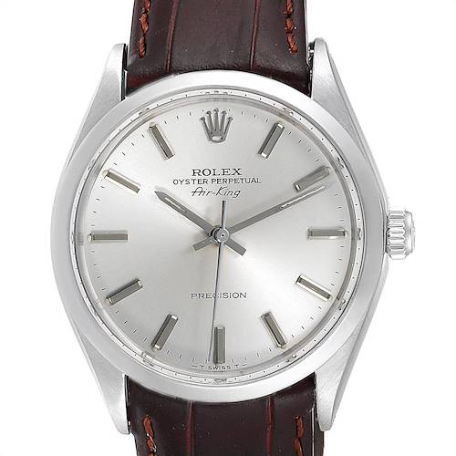 Photo of Rolex Air King Silver Dial Brown Strap Vintage Steel Mens Watch 5500