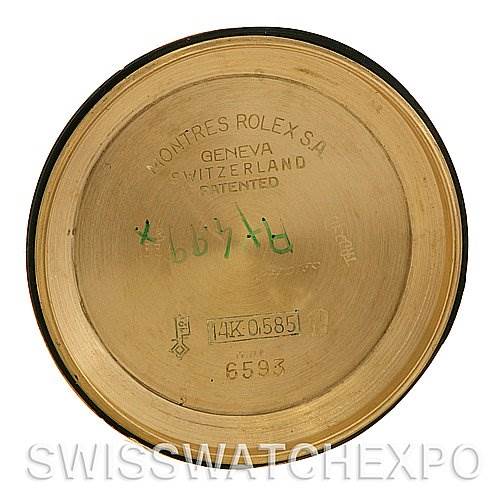 The image shows the inner case back of a Rolex Vintage Collection 6593 Men's Yellow Gold Champagne Dial 6593 Men's Yellow Gold Champagne Dial watch, highlighting engravings and gold content markings.