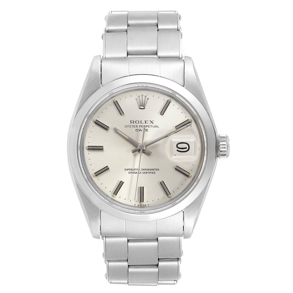 This image shows a front view of the Rolex Vintage Collection 1500 Men
s Stainless Steel Silver Dial 1500 Men
s Stainless Steel Silver Dial Oyster Perpetual Date.