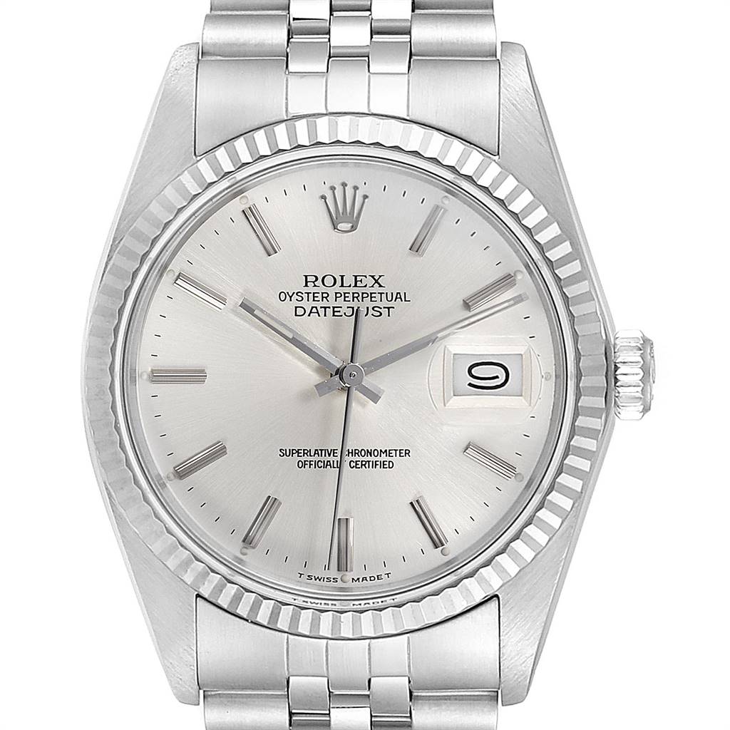 This image shows a frontal view of the Rolex Vintage Collection 16014 Men's Stainless Steel Silver Dial 16014 Men's Stainless Steel Silver Dial Oyster Perpetual Datejust watch with a silver dial and metal bracelet.