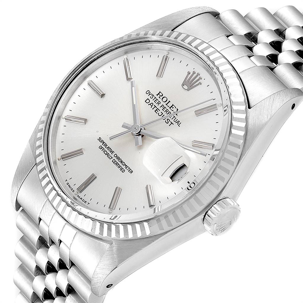 The image shows a Rolex Vintage Collection 16014 Men's Stainless Steel Silver Dial 16014 Men's Stainless Steel Silver Dial watch at an angle highlighting the face, bezel, crown, and part of the bracelet.