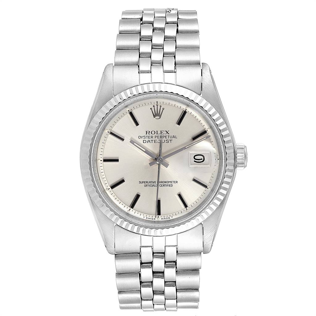 The watch shown is a front view of a Rolex Vintage Collection 1601 Men's Stainless Steel Silver Dial 1601 Men's Stainless Steel Silver Dial model featuring a stainless steel bracelet and date display.