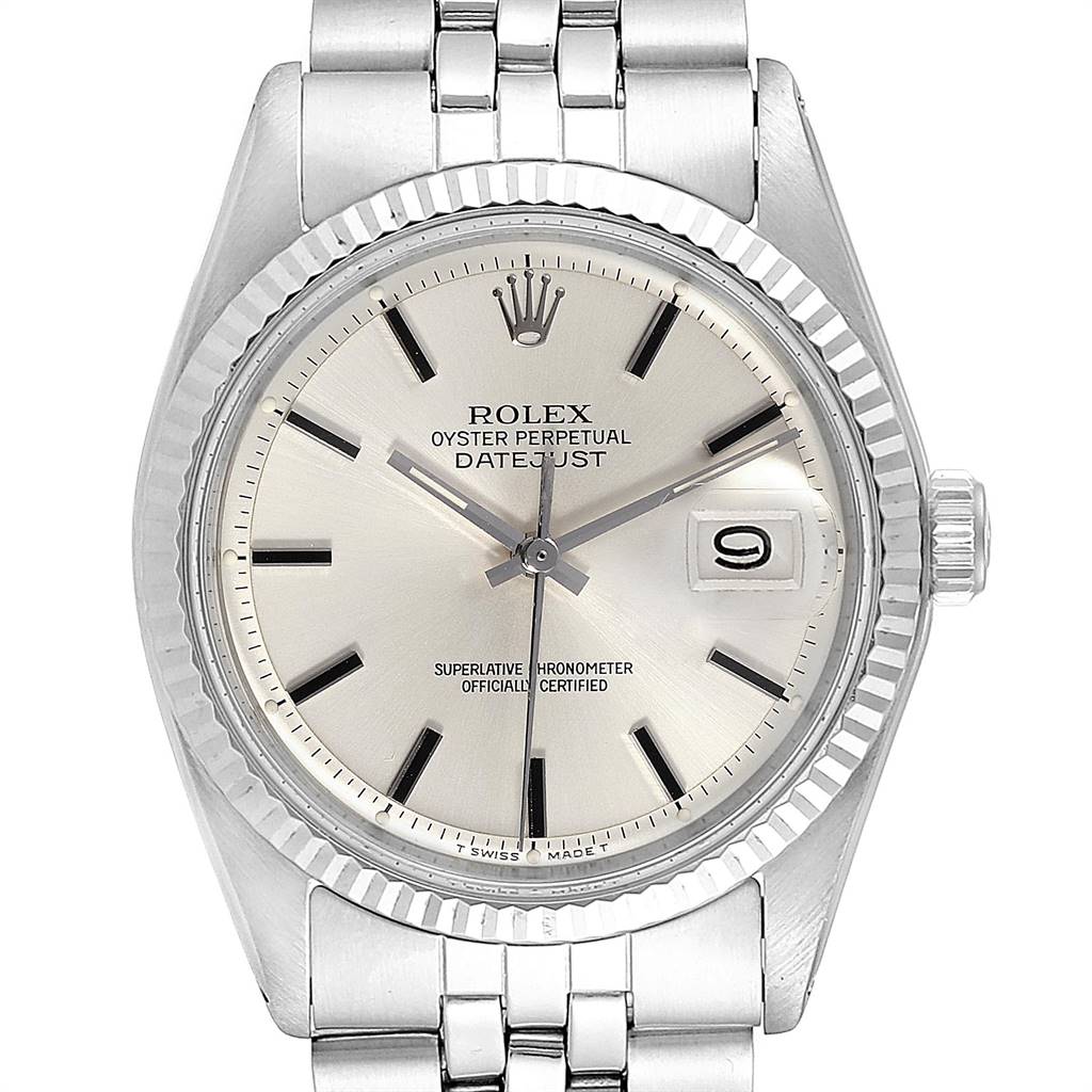 The image shows a front view of a Rolex Vintage Collection 1601 Men's Stainless Steel Silver Dial 1601 Men's Stainless Steel Silver Dial Datejust, displaying the watch face, bezel, and part of the bracelet.