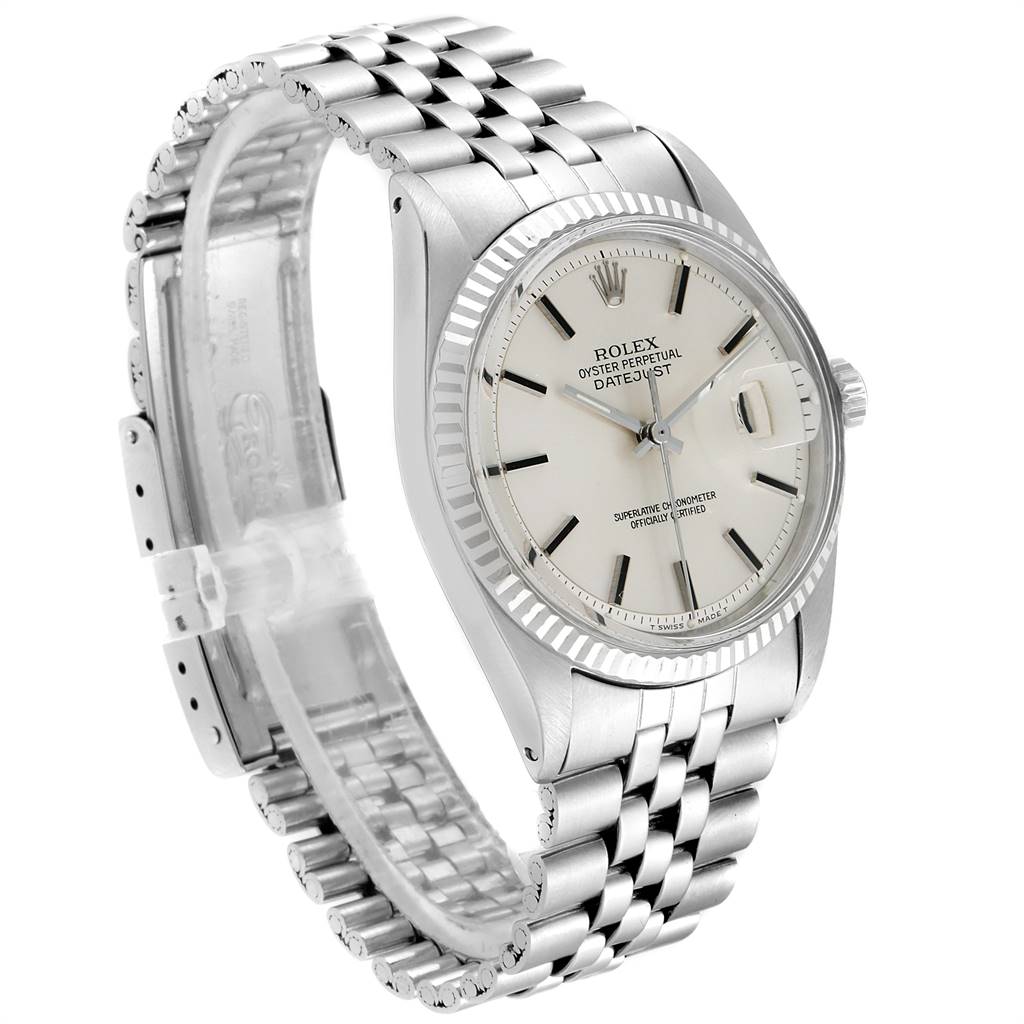 The image shows a side-angle view of the Vintage Collection Rolex Oyster Perpetual Datejust watch displaying its dial, bezel, and bracelet.