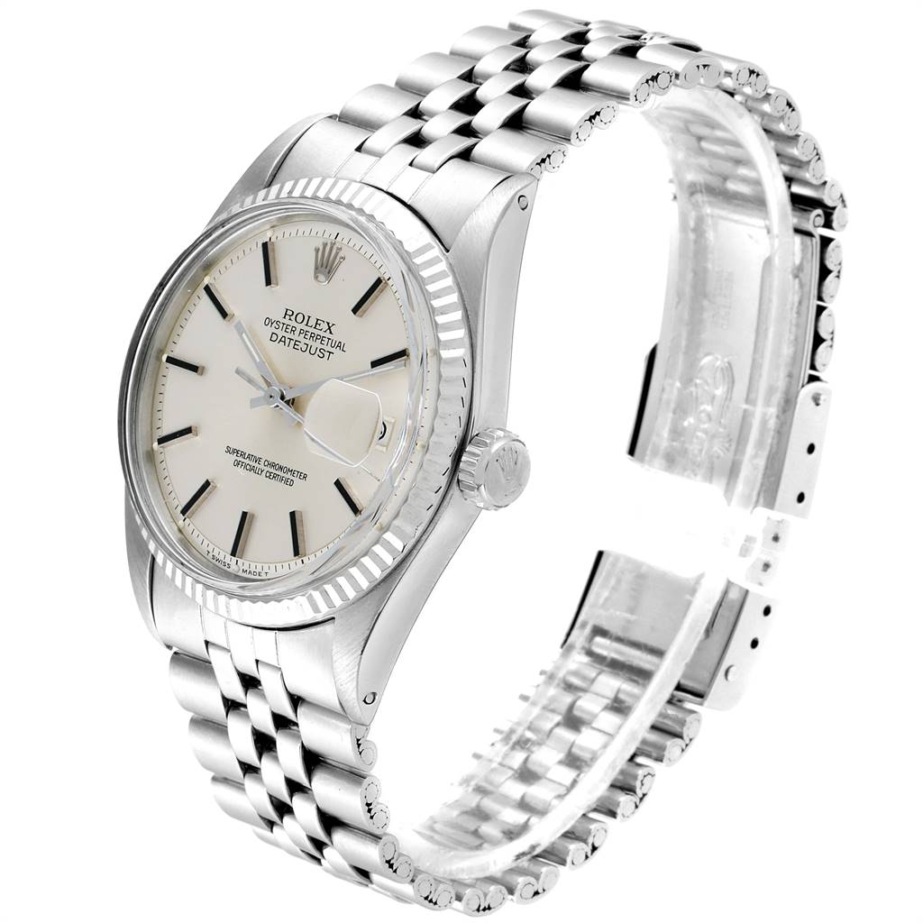 The Rolex Vintage Collection 1601 Men's Stainless Steel Silver Dial 1601 Men's Stainless Steel Silver Dial model is shown from a front-left angle, displaying the dial, fluted bezel, crown, and jubilee bracelet.