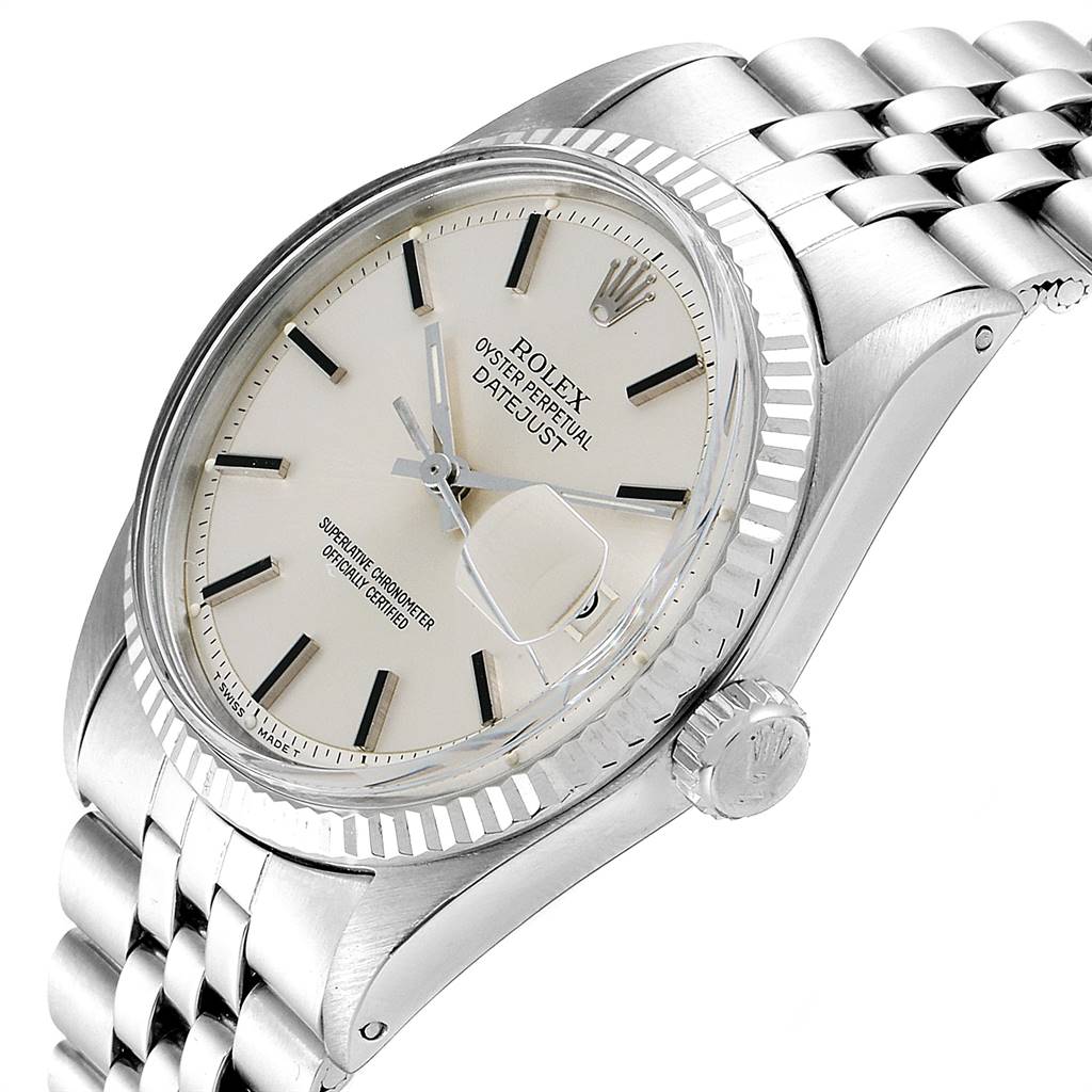 This image shows a close-up angled view of the Rolex Vintage Collection 1601 Men's Stainless Steel Silver Dial 1601 Men's Stainless Steel Silver Dial Datejust watch, focusing on the case, dial, crown, and part of the bracelet.