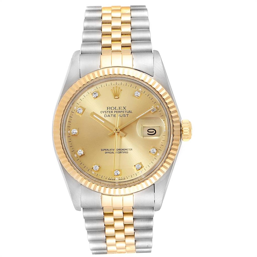The image shows a front view of the Rolex Vintage Collection 16013 Men's Stainless Steel Champagne Dial 16013 Men's Stainless Steel Champagne Dial watch, featuring a gold dial, date display, and two-tone bracelet.