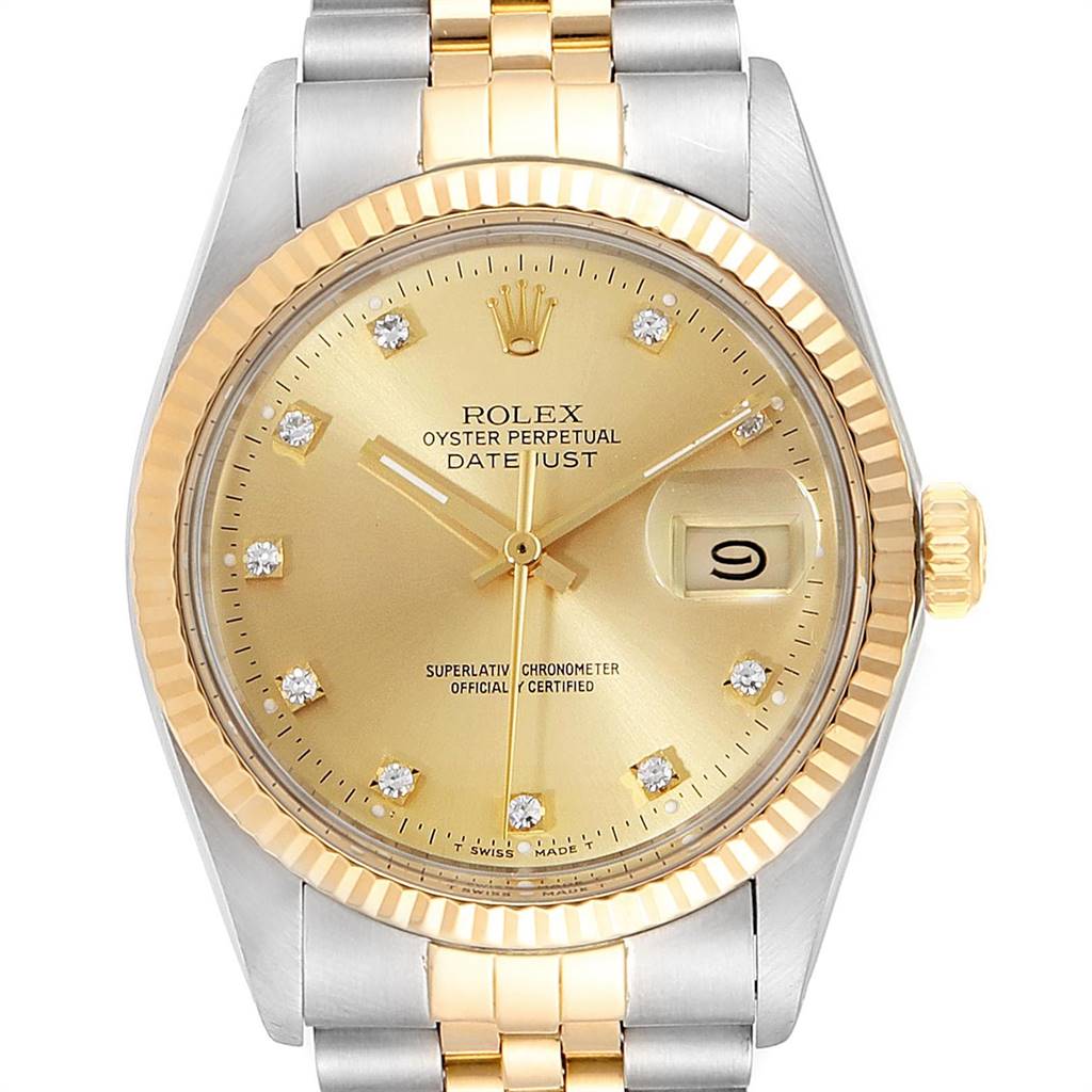 This image shows a front view of a Rolex Vintage Collection 16013 Men's Stainless Steel Champagne Dial 16013 Men's Stainless Steel Champagne Dial Datejust watch with a gold dial and two-tone bracelet.