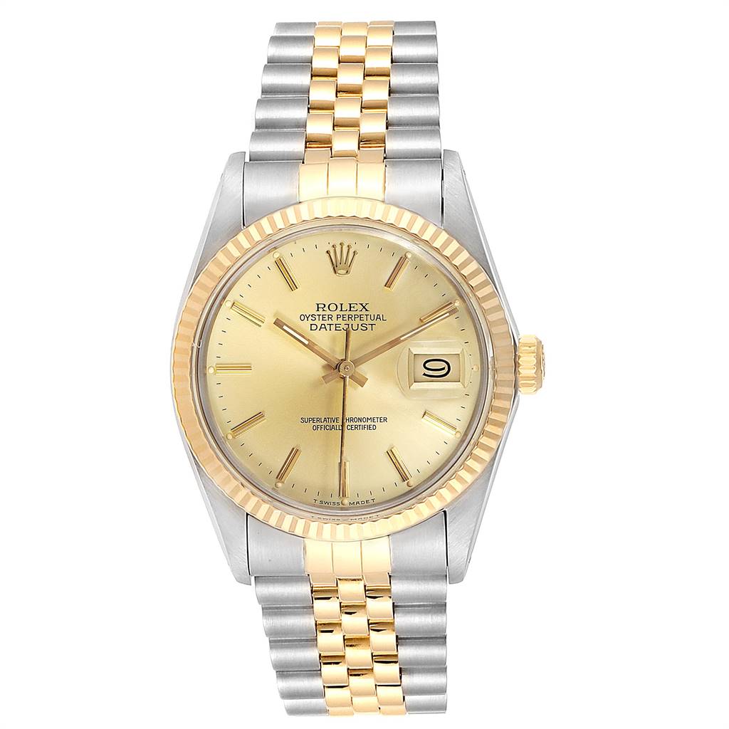 The Rolex Vintage Collection 16013 Men's Stainless Steel Champagne Dial 16013 Men's Stainless Steel Champagne Dial model is shown from a front angle, highlighting the dial, bezel, crown, and two-tone bracelet.