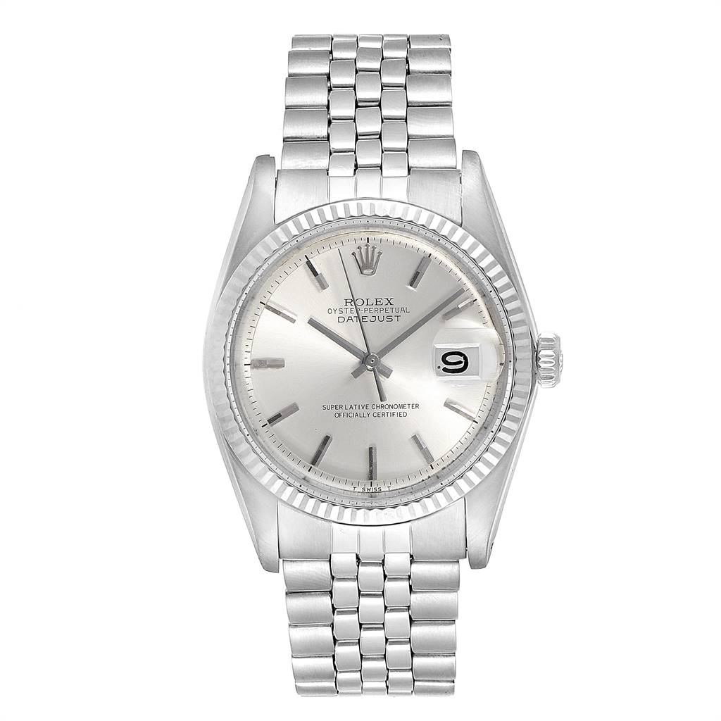 The Rolex Vintage Collection 1601 Men's Stainless Steel Silver Dial 1601 Men's Stainless Steel Silver Dial model is shown from a straight-on angle, displaying its full face, bezel, and bracelet.