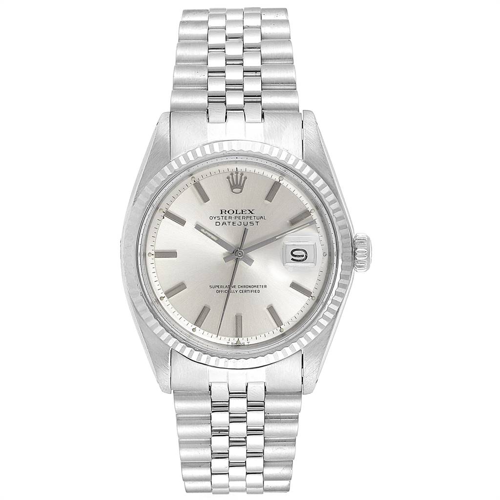 The image shows a front view of a Rolex Vintage Collection 1601 Men's Stainless Steel Silver Dial 1601 Men's Stainless Steel Silver Dial Datejust watch, displaying the dial, bezel, and bracelet.