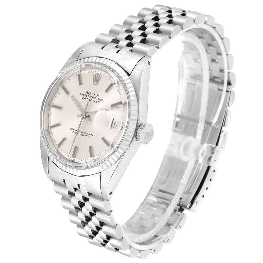 The Rolex Vintage Collection 1601 Men's Stainless Steel Silver Dial 1601 Men's Stainless Steel Silver Dial model is shown at a 3/4 angle, displaying its face, bezel, and bracelet in detail.
