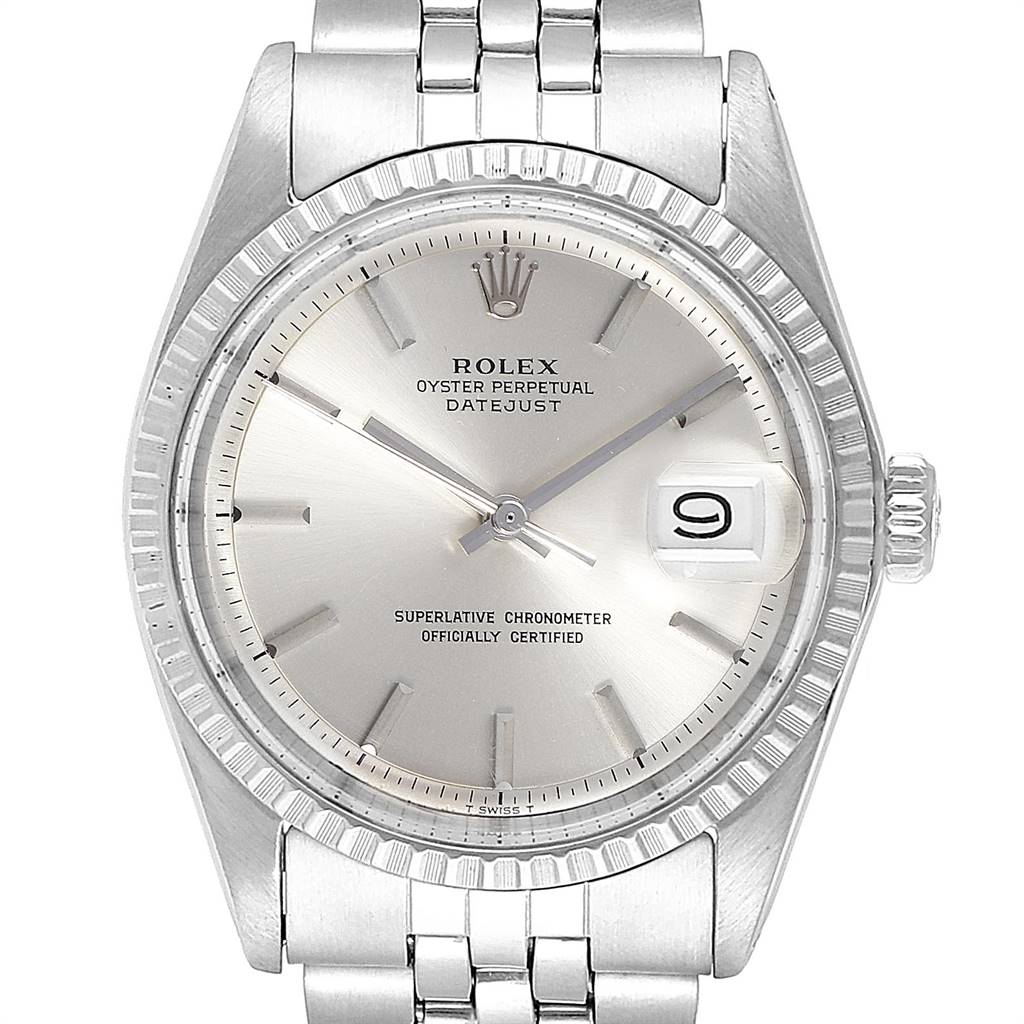 This image shows a front view of a Rolex Vintage Collection 1603 Men's Stainless Steel Silver Dial 1603 Men's Stainless Steel Silver Dial Oyster Perpetual Datejust watch, highlighting its dial, bezel, and bracelet.