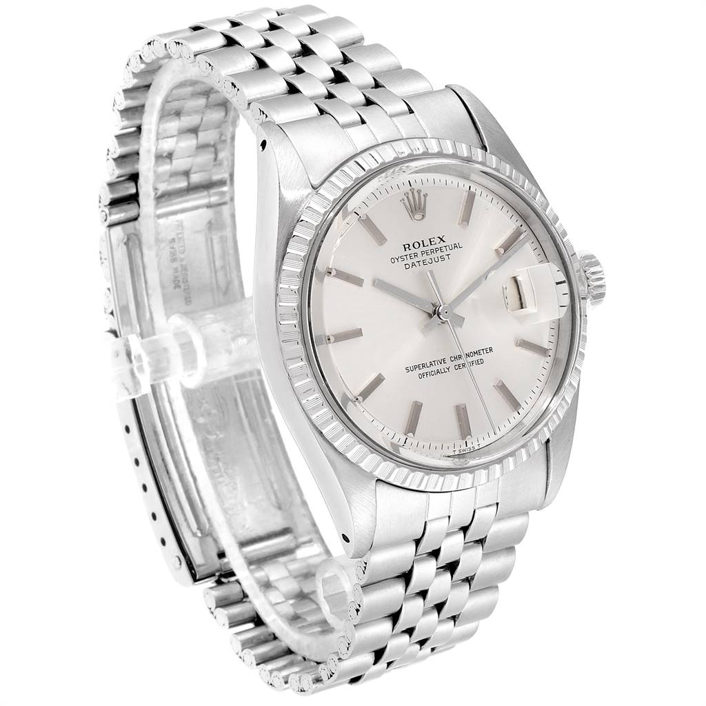 The image shows a Rolex Vintage Collection 1603 Men's Stainless Steel Silver Dial 1603 Men's Stainless Steel Silver Dial watch at a slight angle, highlighting the face, bezel, crown, and bracelet.