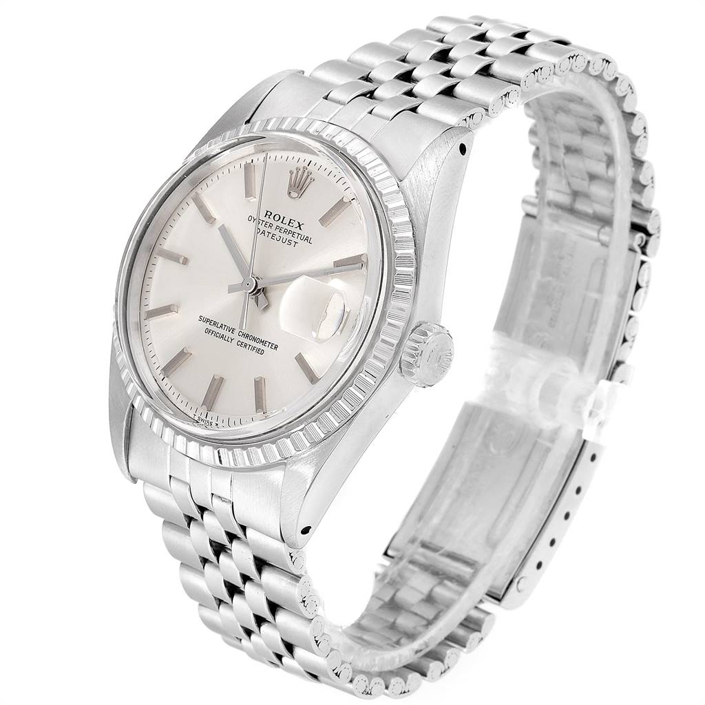 The image shows a Rolex Vintage Collection 1603 Men's Stainless Steel Silver Dial 1603 Men's Stainless Steel Silver Dial model watch from a three-quarter side angle, highlighting the dial, bezel, and bracelet.