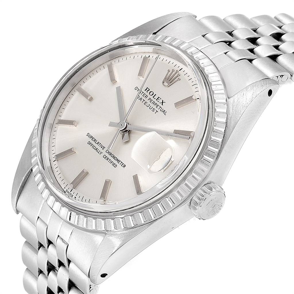 The image shows a close-up of the front and right side of the Rolex Vintage Collection 1603 Men's Stainless Steel Silver Dial 1603 Men's Stainless Steel Silver Dial model, highlighting the dial, crown, and bracelet.