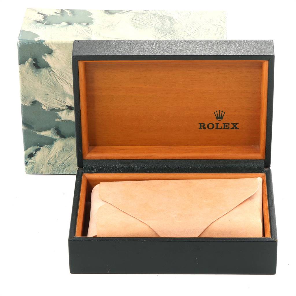 The image shows a Rolex Vintage Collection 1603 Men's Stainless Steel Silver Dial 1603 Men's Stainless Steel Silver Dial watch box, open with interior packaging visible.