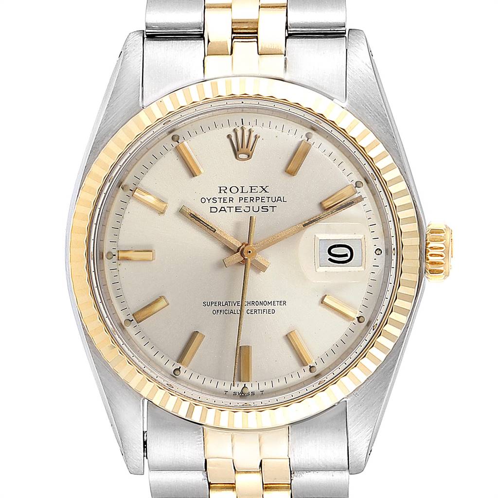 The image shows a front view of a Rolex Vintage Collection 1601 Men
s Steel and Gold (two tone) Silver Dial 1601 Men
s Steel and Gold (two tone) Silver Dial Datejust watch, highlighting the dial, bezel, crown, and bracelet.