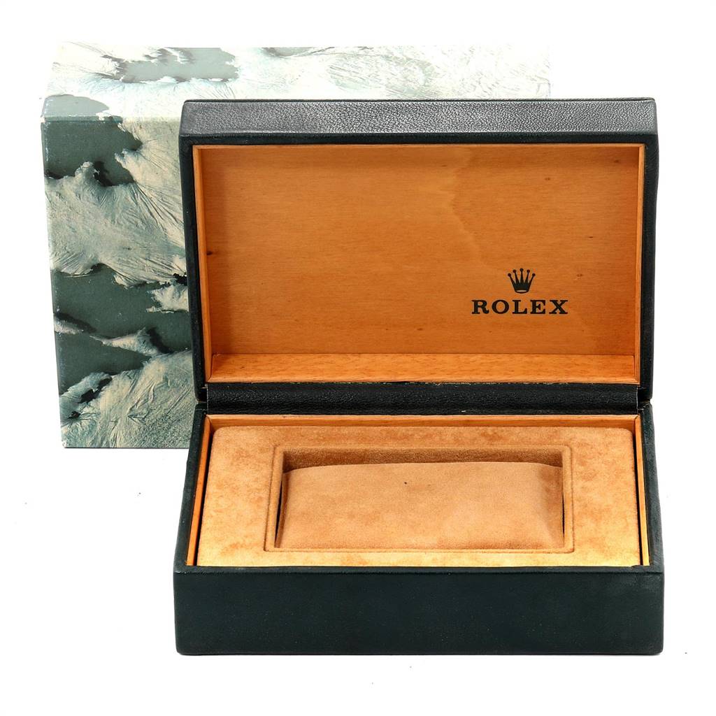 The image shows an open Rolex watch box for a Vintage Collection model, highlighting the interior padding and logo.