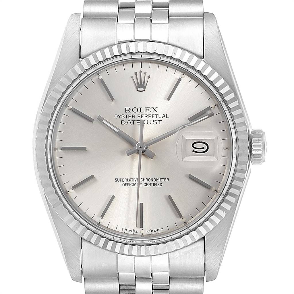 The image shows a frontal view of the Rolex Vintage Collection 16014 Men's Stainless Steel Silver Dial 16014 Men's Stainless Steel Silver Dial model, displaying the face, bezel, crown, and part of the bracelet.
