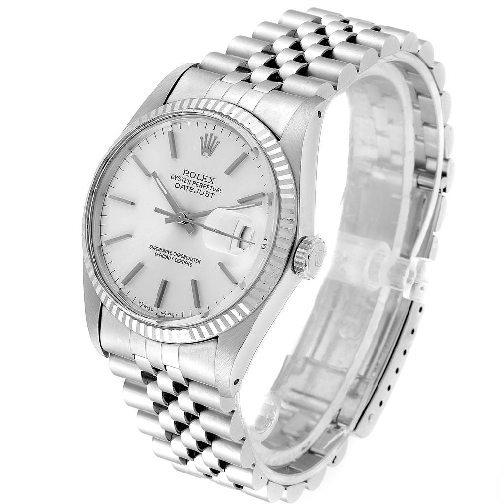The image shows a side angle of the Rolex Vintage Collection 16014 Men's Stainless Steel Silver Dial 16014 Men's Stainless Steel Silver Dial model, highlighting the watch face, crown, and bracelet.