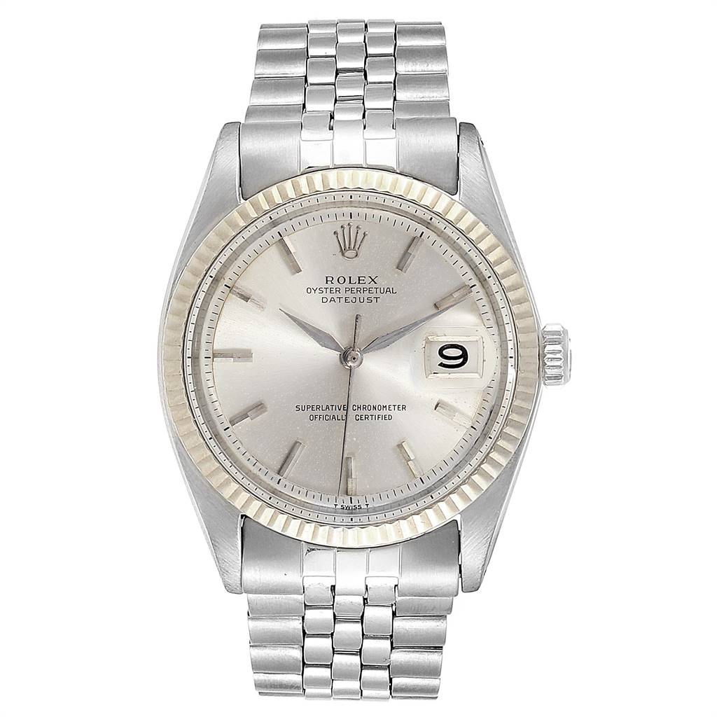 This image shows a frontal view of the Rolex Vintage Collection 1601 Men's Stainless Steel Silver Dial 1601 Men's Stainless Steel Silver Dial watch, highlighting the dial, bezel, and bracelet.