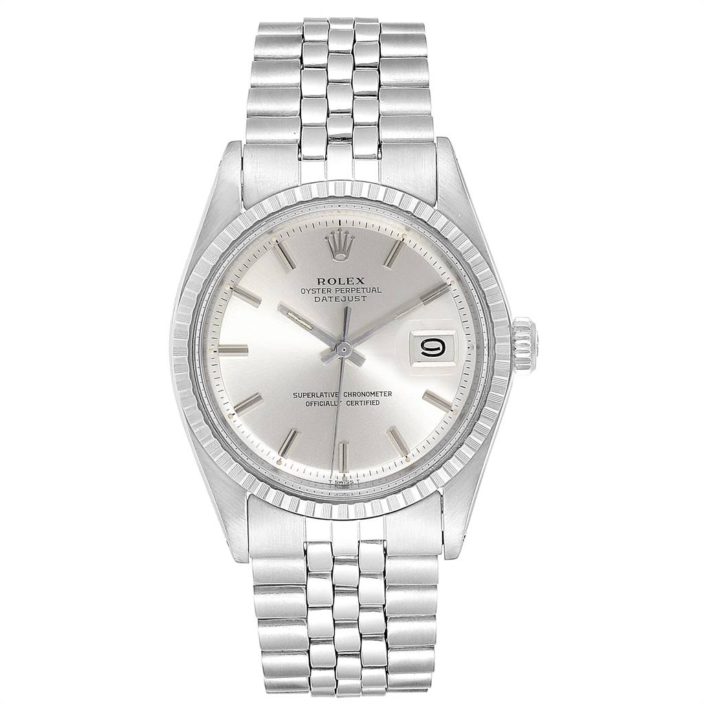 This image shows a front view of the Rolex Vintage Collection 1603 Men's Stainless Steel Silver Dial 1603 Men's Stainless Steel Silver Dial watch, showcasing its face, bezel, and bracelet.