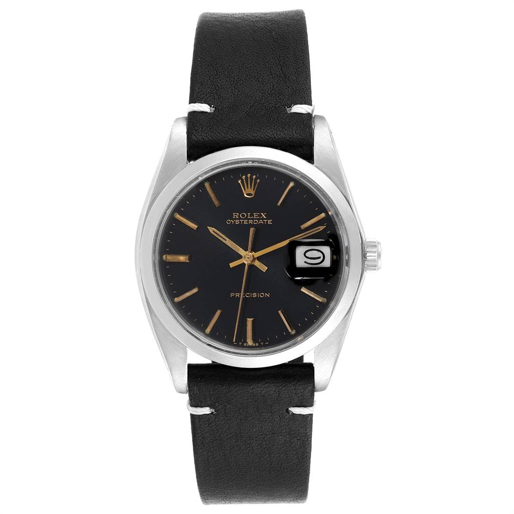 The image shows a front view of a Rolex Vintage Collection 6694 Men's Stainless Steel Black Dial 6694 Men's Stainless Steel Black Dial Oysterdate watch, highlighting the dial, hands, date window, and leather strap.
