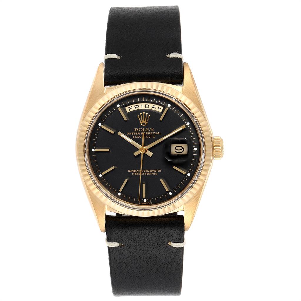 The Rolex Vintage Collection 1803 Men's Yellow Gold Black Dial 1803 Men's Yellow Gold Black Dial watch is shown at a front angle, displaying its black dial, gold case, and black leather strap.
