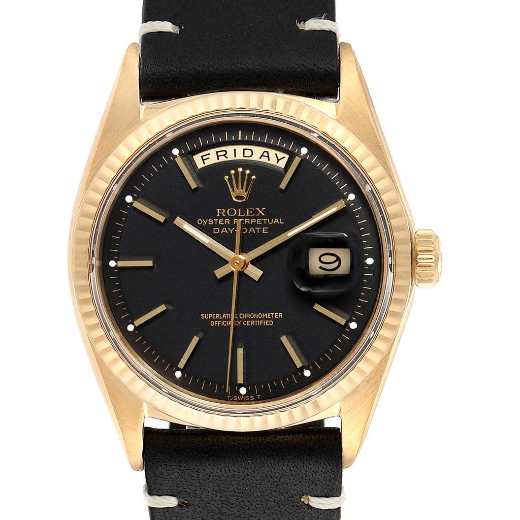 The image shows a front angle of a Rolex Vintage Collection 1803 Men's Yellow Gold Black Dial 1803 Men's Yellow Gold Black Dial watch, highlighting the face, bezel, crown, and strap.