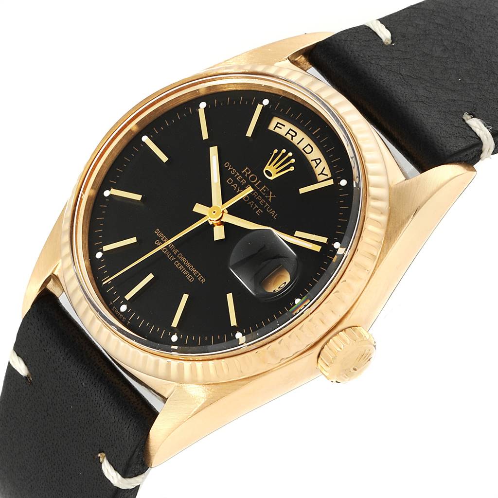 The image shows the face, bezel, crown, and part of the leather strap of a Rolex Vintage Collection 1803 Men's Yellow Gold Black Dial 1803 Men's Yellow Gold Black Dial watch at a slight angle.