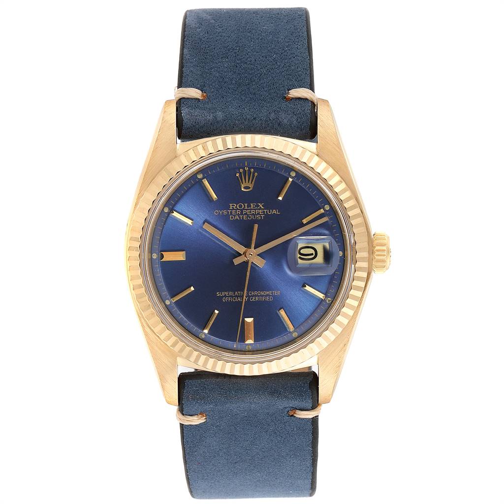 The image shows a frontal view of the Rolex Vintage Collection 1601 Men's Yellow Gold Blue Dial 1601 Men's Yellow Gold Blue Dial Oyster Perpetual Datejust watch with a blue dial and leather strap.