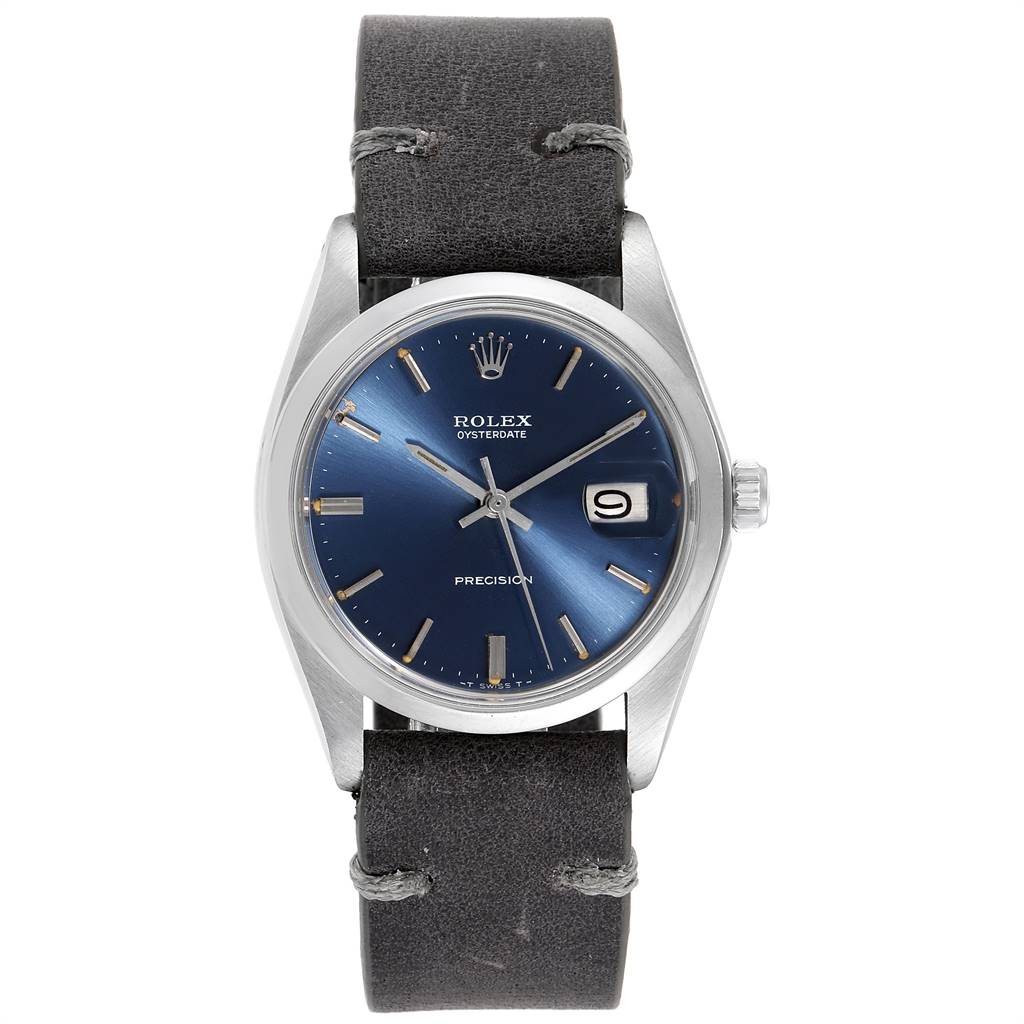 The Rolex Vintage Collection 6694 Men's Stainless Steel Blue Dial 6694 Men's Stainless Steel Blue Dial model is shown from a front angle, displaying its blue dial, date window, and black leather strap.