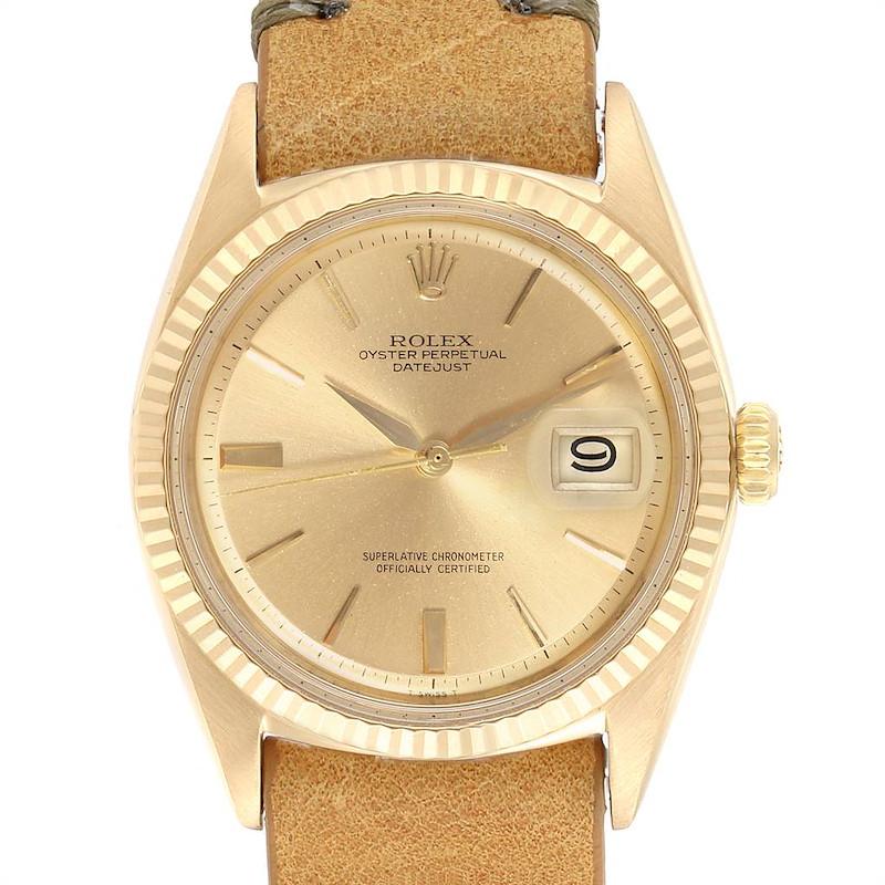 Rolex Datejust Yellow Gold Brown Strap Vintage Mens Watch 1601 SwissWatchExpo