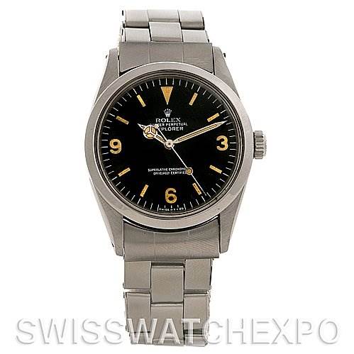 The image shows a front view of a Rolex Vintage Collection 1016 Men
s Stainless Steel Black Dial 1016 Men
s Stainless Steel Black Dial Explorer model watch, displaying the dial, hands, and bracelet.