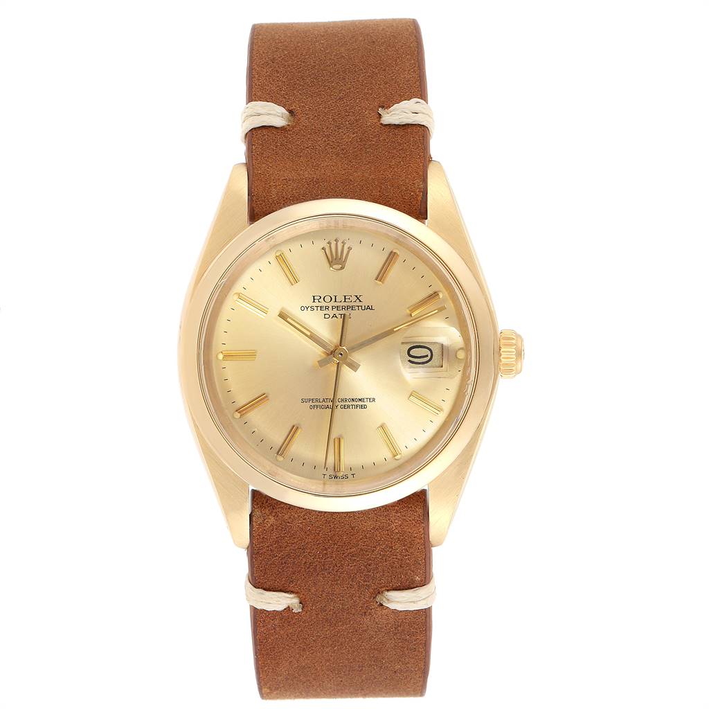 The image shows a front view of a Rolex Vintage Collection 1500 Men's Yellow Gold Champagne Dial 1500 Men's Yellow Gold Champagne Dial Oyster Perpetual Date watch with a brown leather strap.