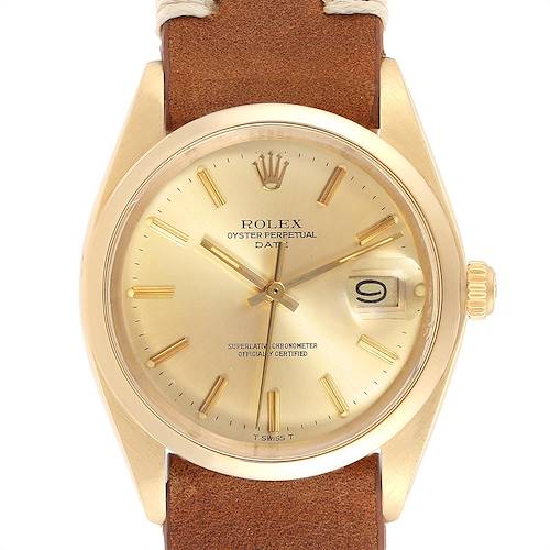Photo of Rolex Date 14K Yellow Gold Brown Strap Vintage Mens Watch 1500