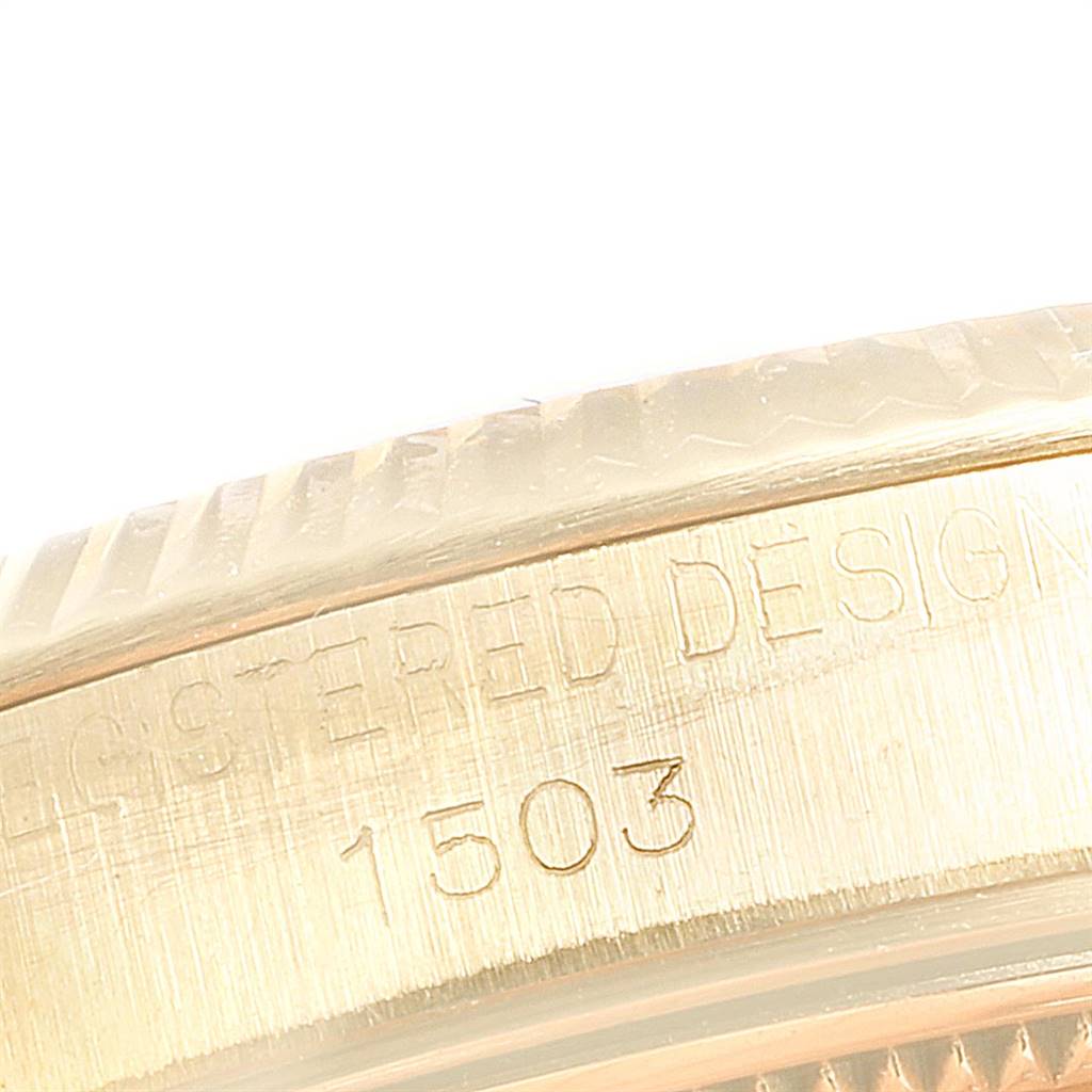 The image shows a close-up of the side of the case with engraved text, specifically highlighting the model number 1503, of the Rolex Vintage Collection 1503 Men's Yellow Gold Silver Dial 1503 Men's Yellow Gold Silver Dial.